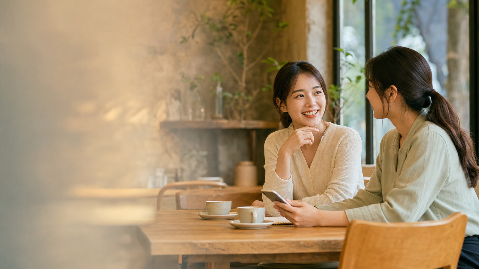 카페에서 휴대폰을 곁에 두고 편안하게 이야기를 나누는 두 사람