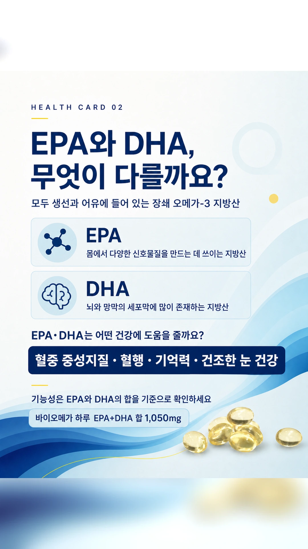 EPA와 DHA의 역할과 바이오메가의 하루 EPA DHA 합 1050밀리그램을 설명하는 카드