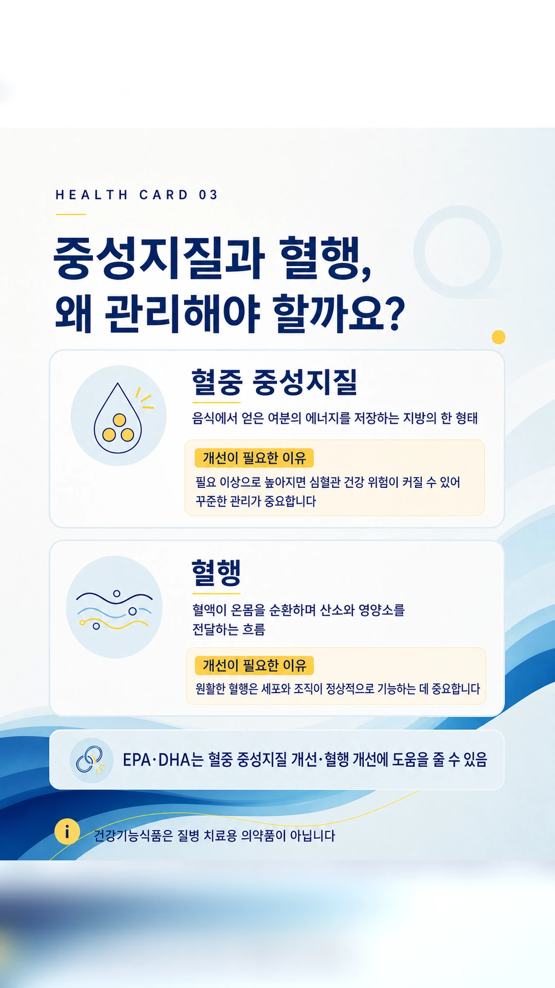 혈중 중성지질 관리와 원활한 혈행이 필요한 이유를 각각 설명하는 카드