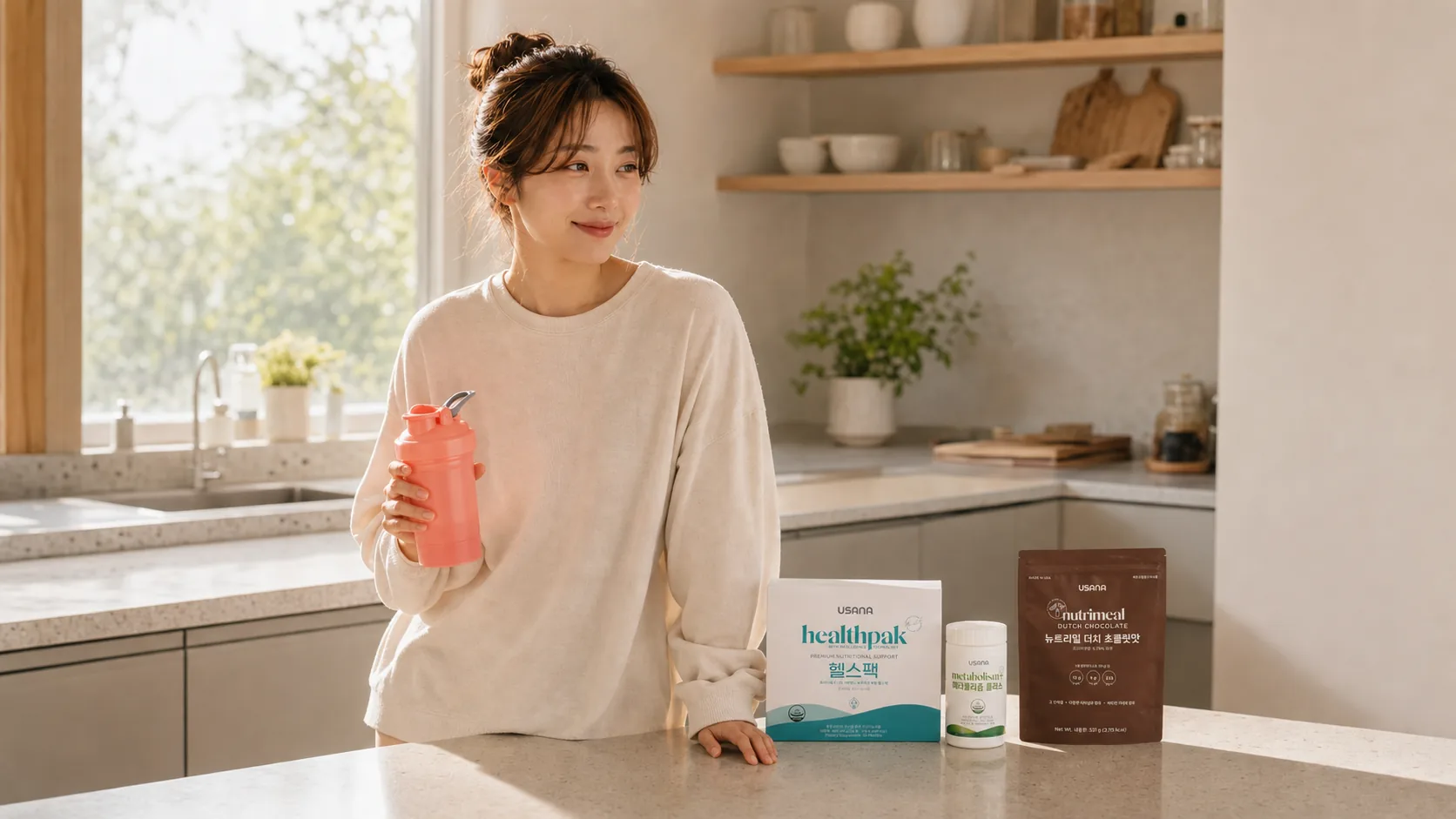 아침 건강 루틴을 준비하는 30대 후반 한국인 여성