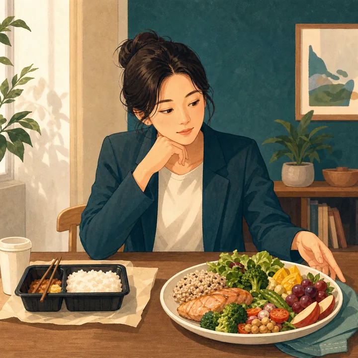 기초 영양 고민을 일상 장면으로 표현한 일러스트