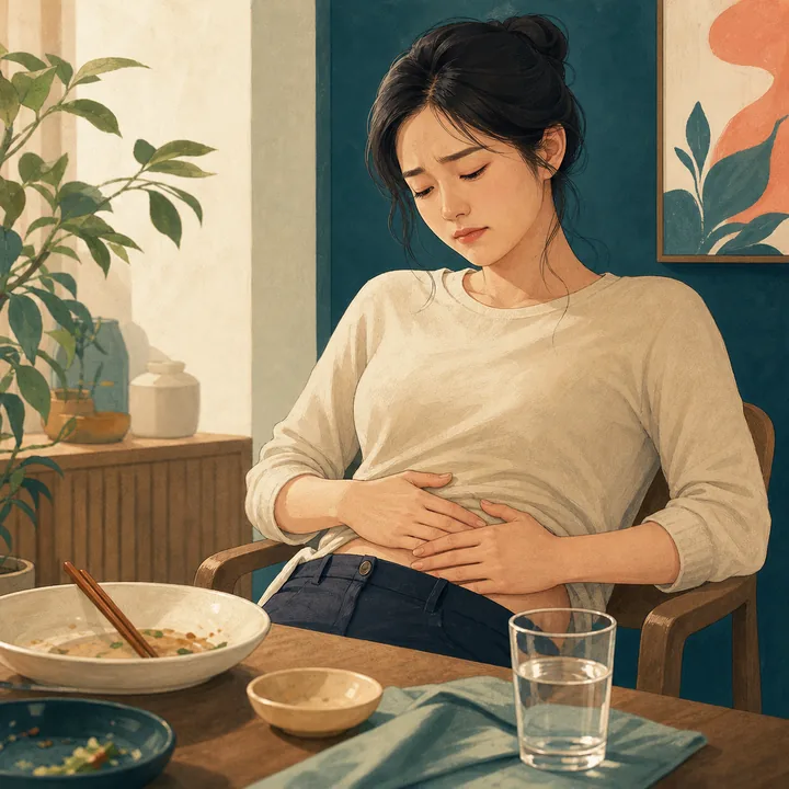 장 건강 고민을 일상 장면으로 표현한 일러스트
