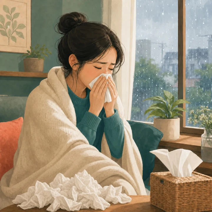 면역 건강 고민을 일상 장면으로 표현한 일러스트
