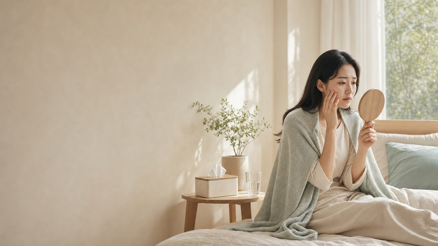 피곤한 아침 담요를 두르고 거울로 피부와 컨디션을 살펴보는 여성