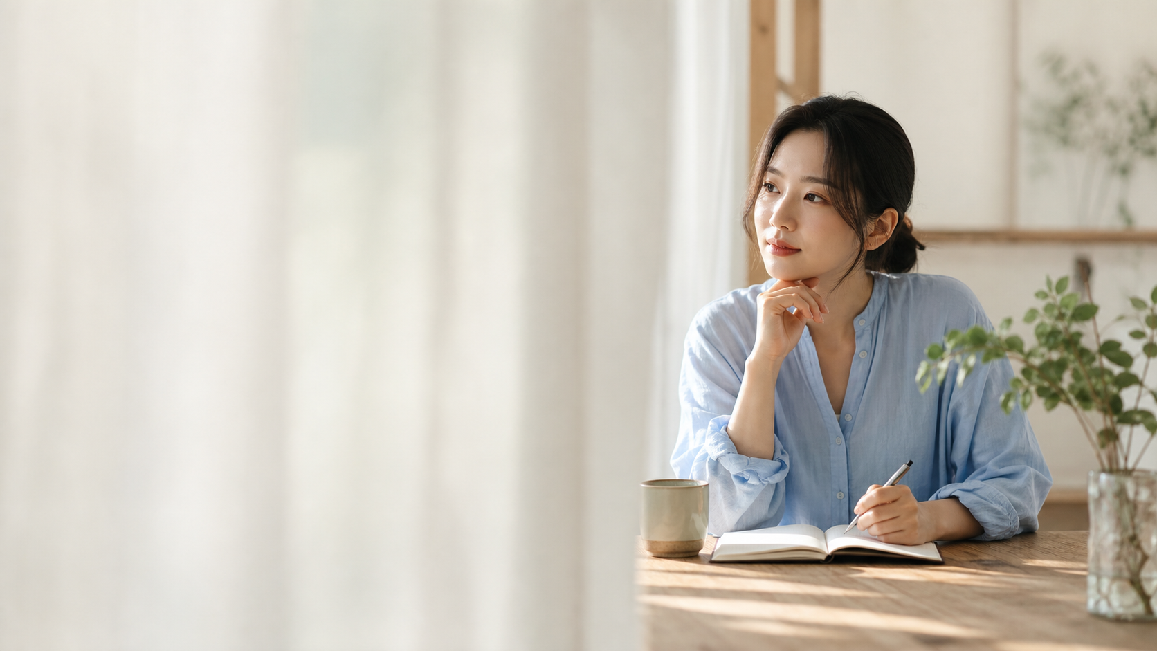 창가에서 노트에 생각을 적으며 자신에게 필요한 것을 살펴보는 사람