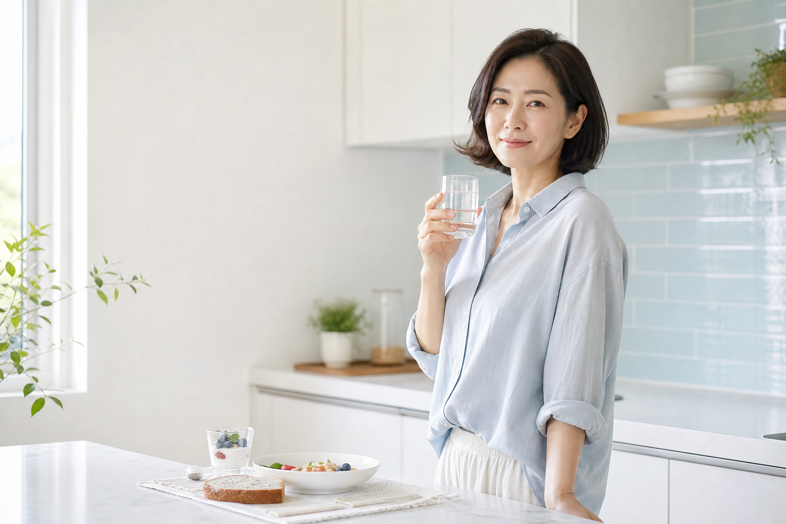 아침 식사와 함께 물을 준비한 30대 후반 여성
