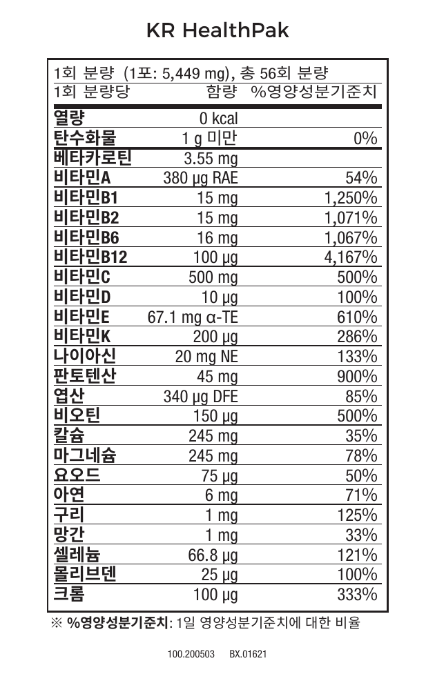 헬스팩 1포 기준 공식 영양성분표