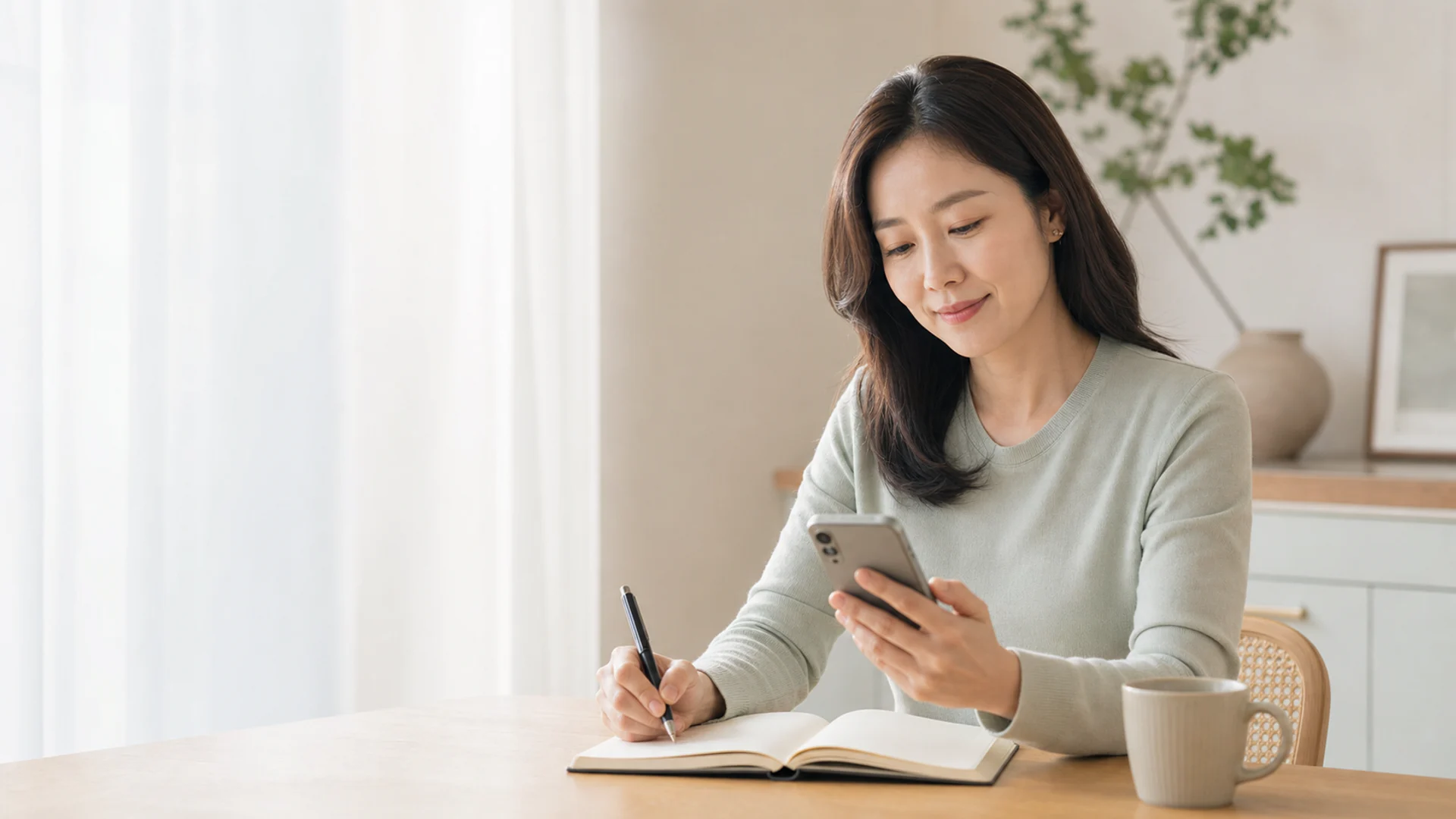 스마트폰으로 정보를 확인하며 노트에 메모하는 여성