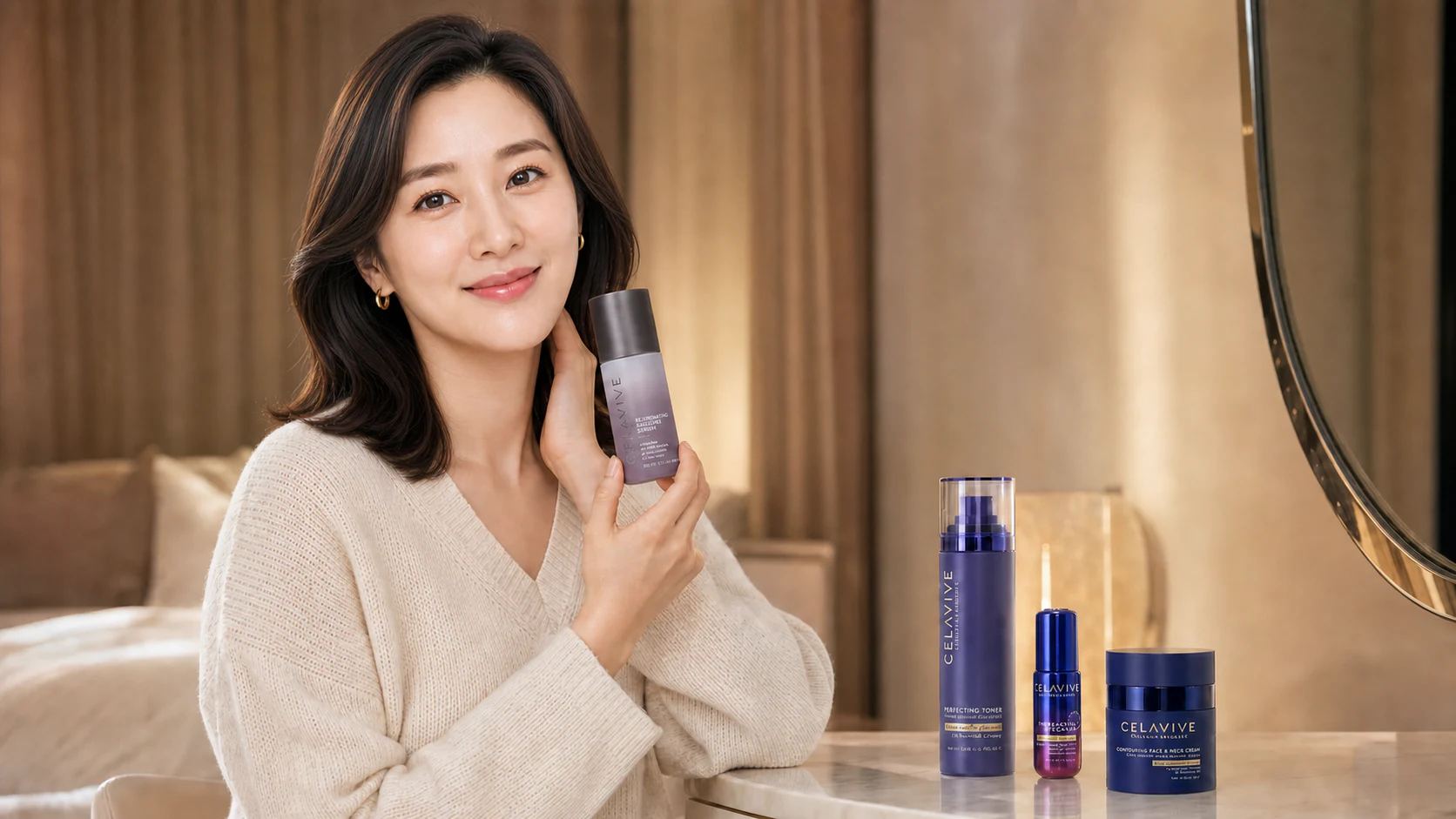 맑고 건강한 피부의 여성이 저녁 스킨케어를 하는 화장대와 셀라비브 제품