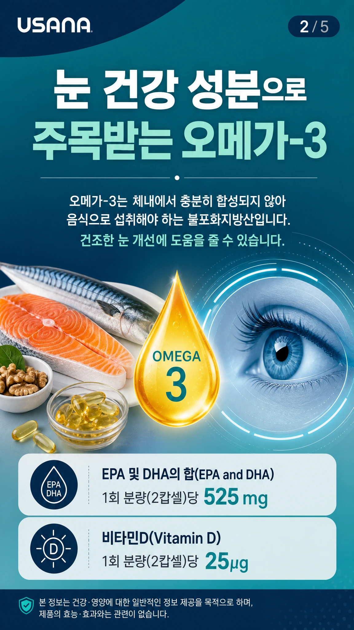 정어리와 오메가-3 캡슐, EPA와 DHA를 나타내는 간결한 인포그래픽