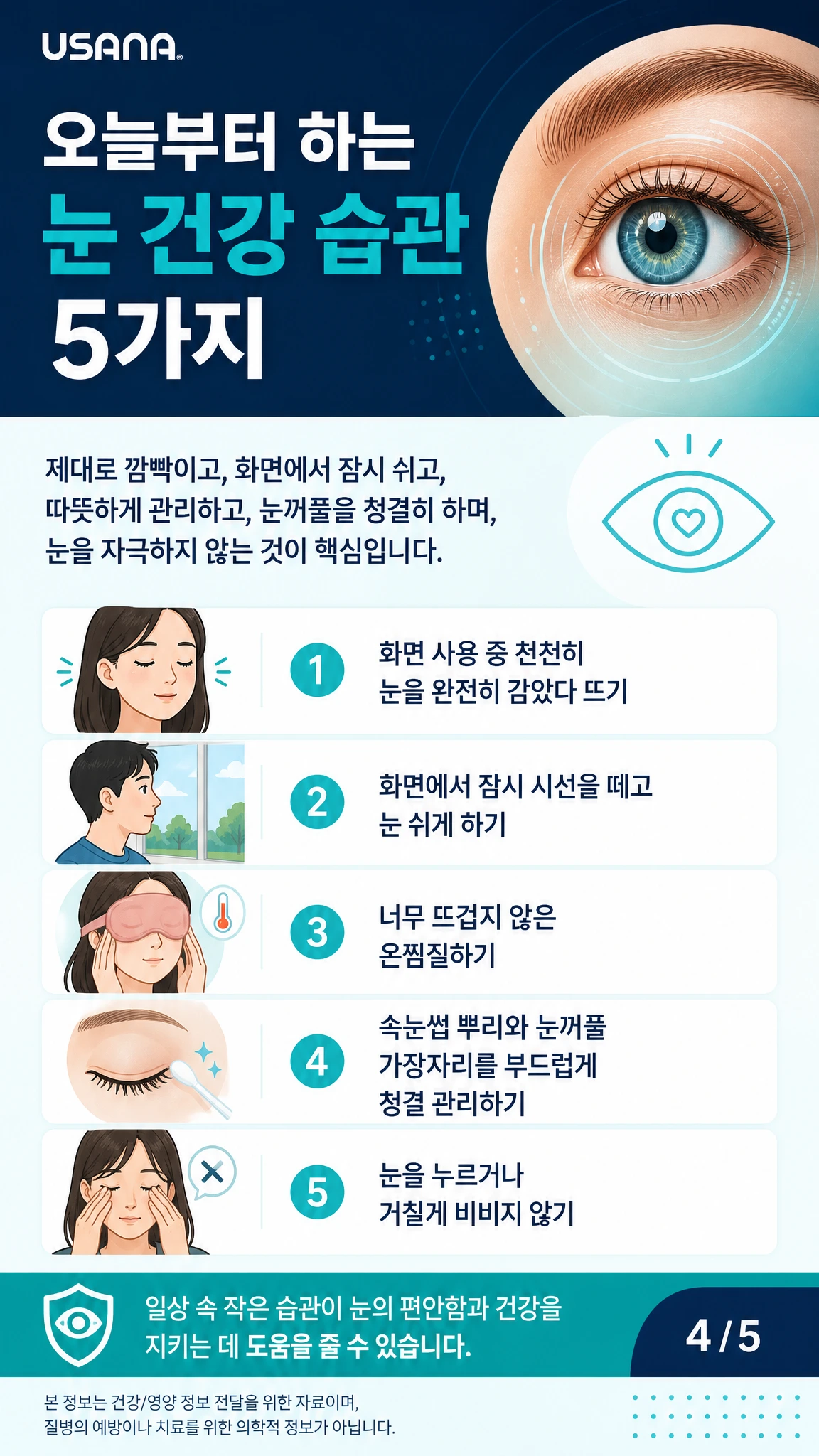 완전 깜빡임, 화면 휴식, 온찜질, 눈꺼풀 청결 관리, 눈 비비지 않기를 보여 주는 5단계 아이콘