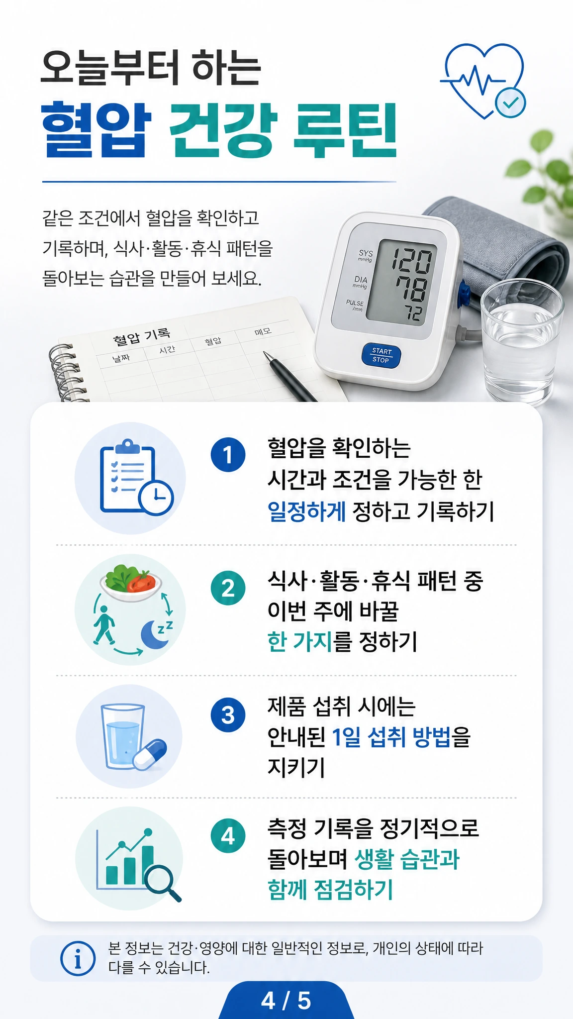 혈압 기록, 식사, 걷기, 휴식을 체크하는 일상 관리 체크리스트